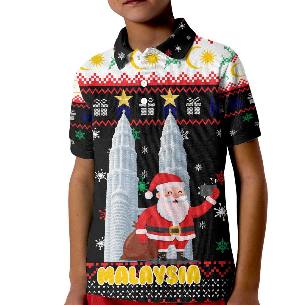 Malaysia Christmas Kid Polo Shirt with Santa Claus Petronas Towers Snowflakes and Festive Icons - Wonder Print Shop