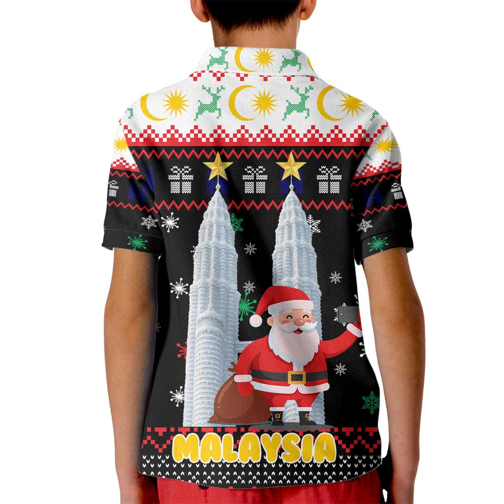 Malaysia Christmas Kid Polo Shirt with Santa Claus Petronas Towers Snowflakes and Festive Icons - Wonder Print Shop