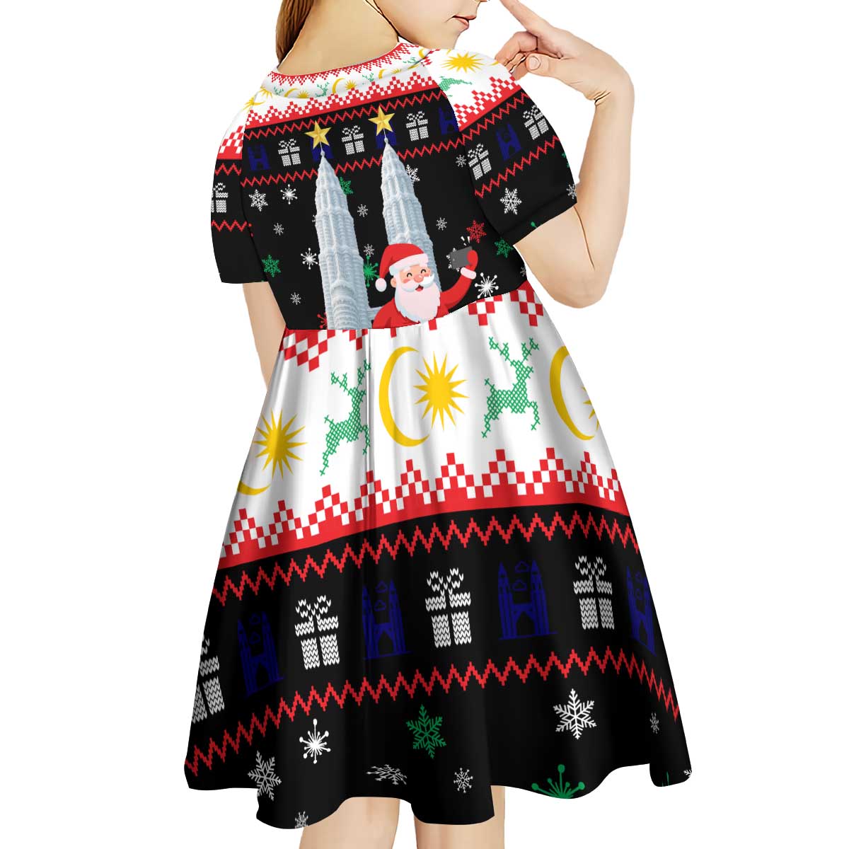 Malaysia Christmas Kid Short Sleeve Dress with Santa Claus Petronas Towers Snowflakes and Festive Icons - Wonder Print Shop