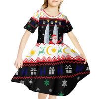 Malaysia Christmas Kid Short Sleeve Dress with Santa Claus Petronas Towers Snowflakes and Festive Icons - Wonder Print Shop
