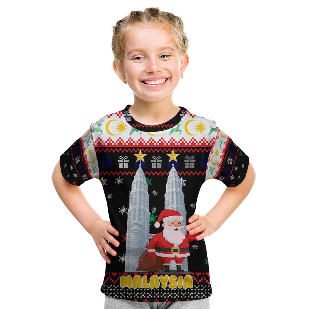 Malaysia Christmas Kid T Shirt with Santa Claus Petronas Towers Snowflakes and Festive Icons - Wonder Print Shop