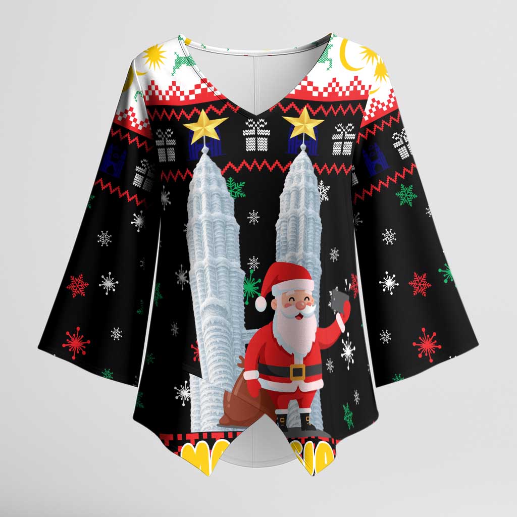 Malaysia Christmas Kimono Sleeve Blouse with Santa Claus Petronas Towers Snowflakes and Festive Icons - Wonder Print Shop