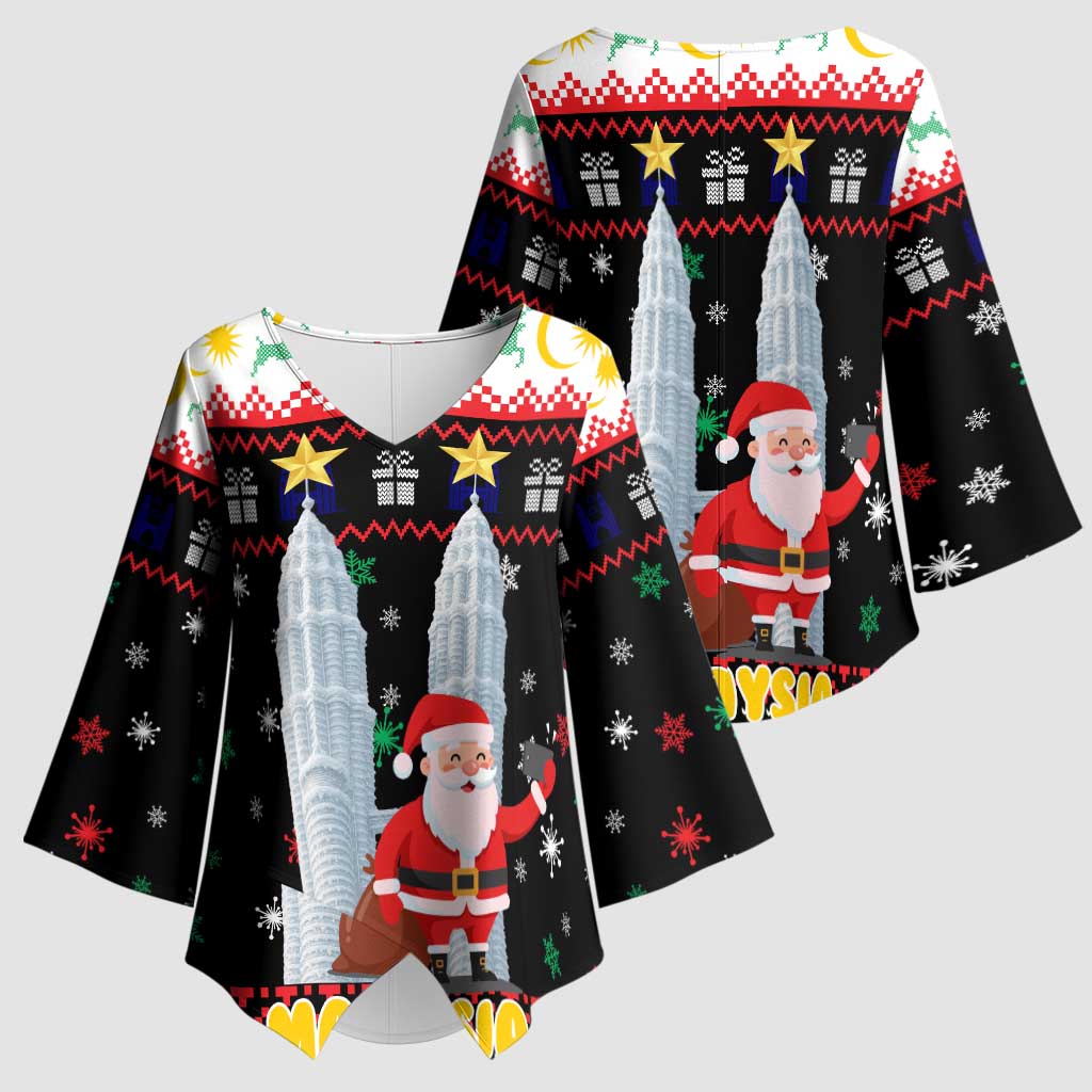 Malaysia Christmas Kimono Sleeve Blouse with Santa Claus Petronas Towers Snowflakes and Festive Icons - Wonder Print Shop