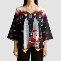 Malaysia Christmas Kimono Sleeve Blouse with Santa Claus Petronas Towers Snowflakes and Festive Icons - Wonder Print Shop