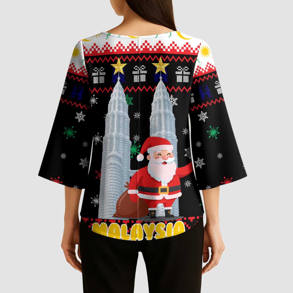 Malaysia Christmas Kimono Sleeve Blouse with Santa Claus Petronas Towers Snowflakes and Festive Icons - Wonder Print Shop