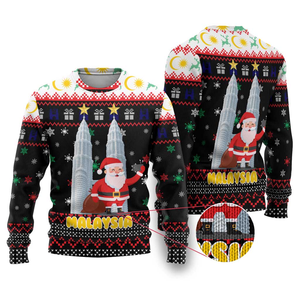 Malaysia Christmas Ugly Christmas Sweater with Santa Claus Petronas Towers Snowflakes and Festive Icons - Wonder Print Shop