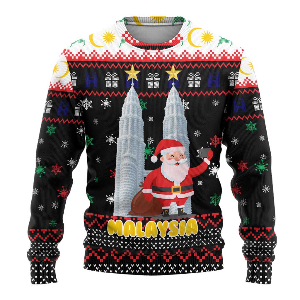 Malaysia Christmas Ugly Christmas Sweater with Santa Claus Petronas Towers Snowflakes and Festive Icons - Wonder Print Shop