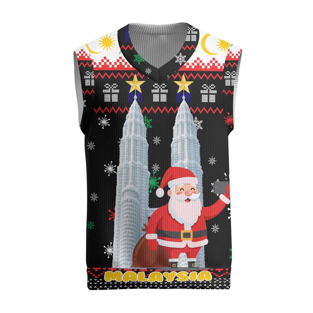 Malaysia Christmas Knitted V-Neck Vest with Santa Claus Petronas Towers Snowflakes and Festive Icons - Wonder Print Shop
