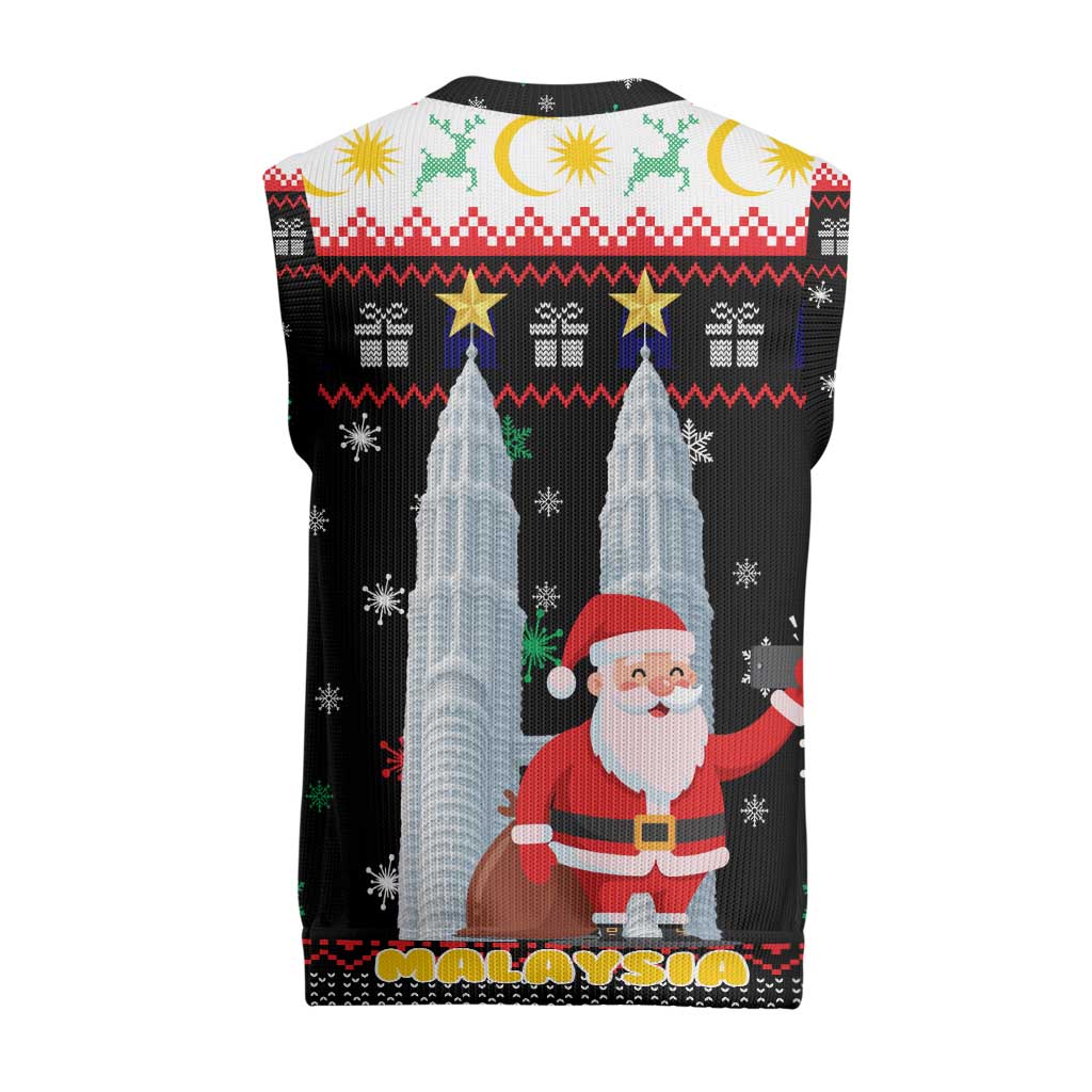 Malaysia Christmas Knitted V-Neck Vest with Santa Claus Petronas Towers Snowflakes and Festive Icons - Wonder Print Shop