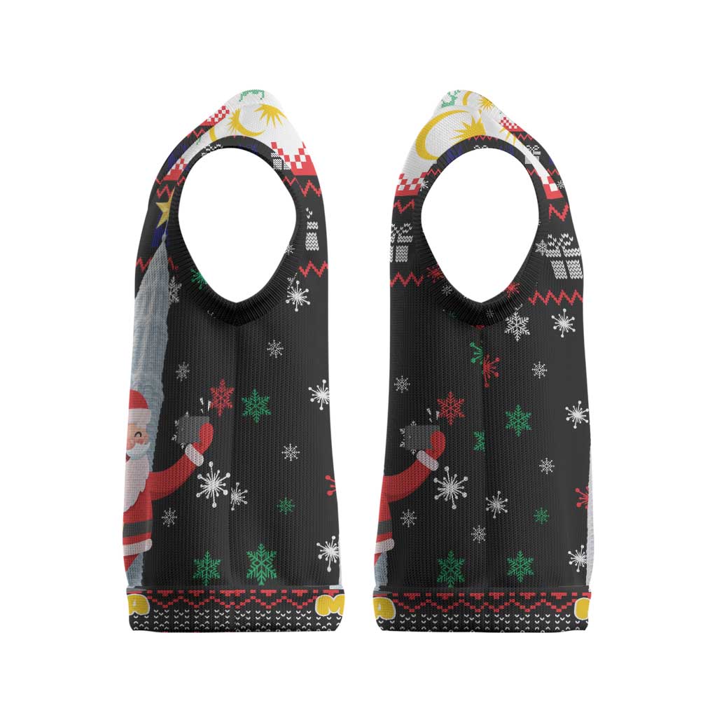 Malaysia Christmas Knitted V-Neck Vest with Santa Claus Petronas Towers Snowflakes and Festive Icons - Wonder Print Shop