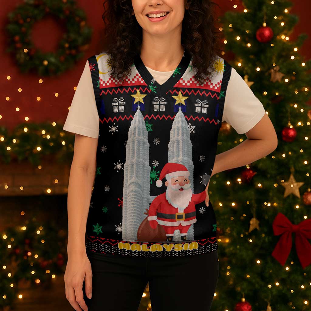 Malaysia Christmas Knitted V-Neck Vest with Santa Claus Petronas Towers Snowflakes and Festive Icons - Wonder Print Shop