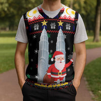 Malaysia Christmas Knitted V-Neck Vest with Santa Claus Petronas Towers Snowflakes and Festive Icons - Wonder Print Shop