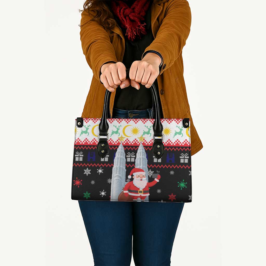 Malaysia Christmas Leather Bag with Santa Claus Petronas Towers Snowflakes and Festive Icons - Wonder Print Shop