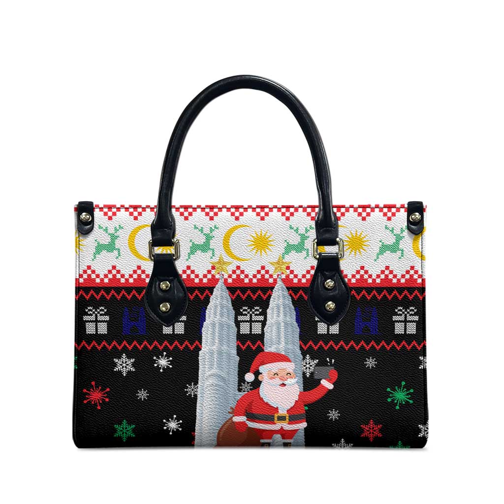 Malaysia Christmas Leather Bag with Santa Claus Petronas Towers Snowflakes and Festive Icons - Wonder Print Shop