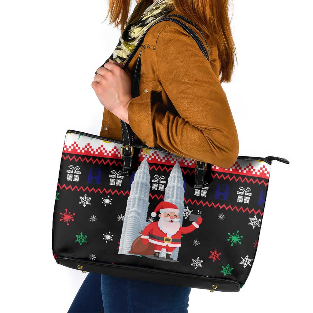 Malaysia Christmas Leather Tote Bag with Santa Claus Petronas Towers Snowflakes and Festive Icons - Wonder Print Shop