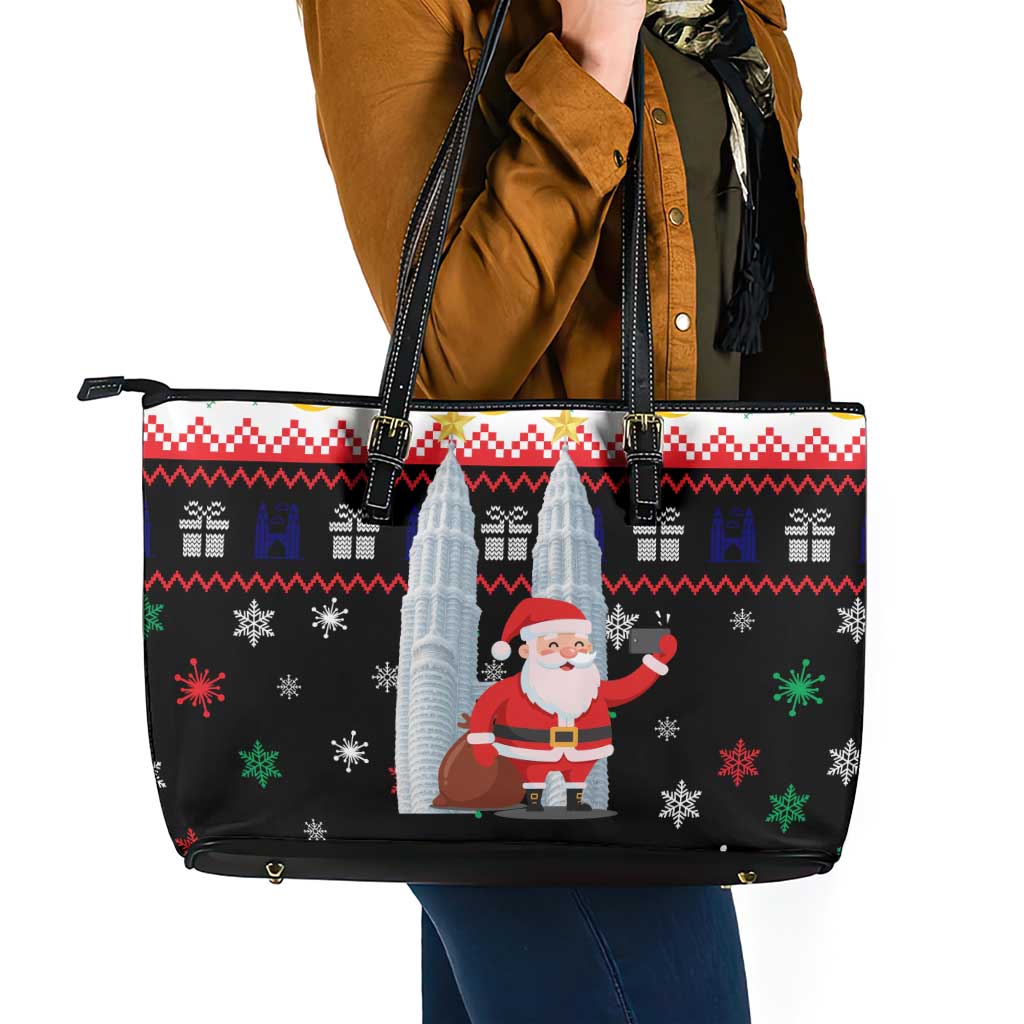 Malaysia Christmas Leather Tote Bag with Santa Claus Petronas Towers Snowflakes and Festive Icons - Wonder Print Shop