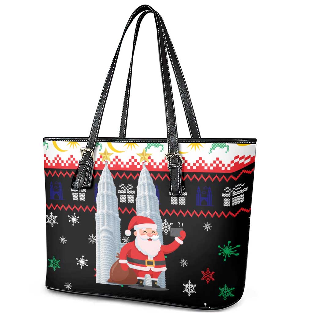 Malaysia Christmas Leather Tote Bag with Santa Claus Petronas Towers Snowflakes and Festive Icons - Wonder Print Shop