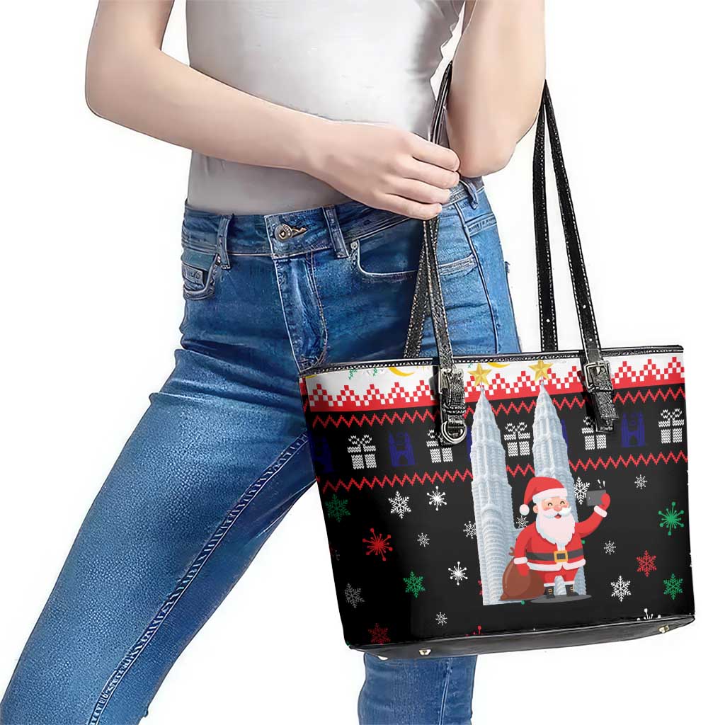 Malaysia Christmas Leather Tote Bag with Santa Claus Petronas Towers Snowflakes and Festive Icons - Wonder Print Shop