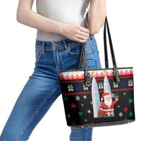 Malaysia Christmas Leather Tote Bag with Santa Claus Petronas Towers Snowflakes and Festive Icons - Wonder Print Shop