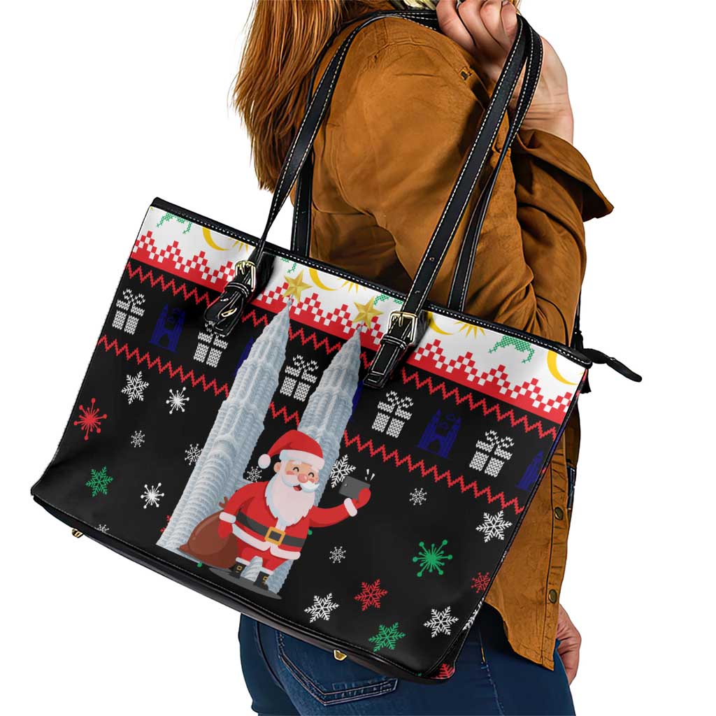 Malaysia Christmas Leather Tote Bag with Santa Claus Petronas Towers Snowflakes and Festive Icons - Wonder Print Shop