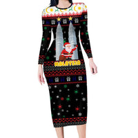 Malaysia Christmas Long Sleeve Bodycon Dress with Santa Claus Petronas Towers Snowflakes and Festive Icons - Wonder Print Shop