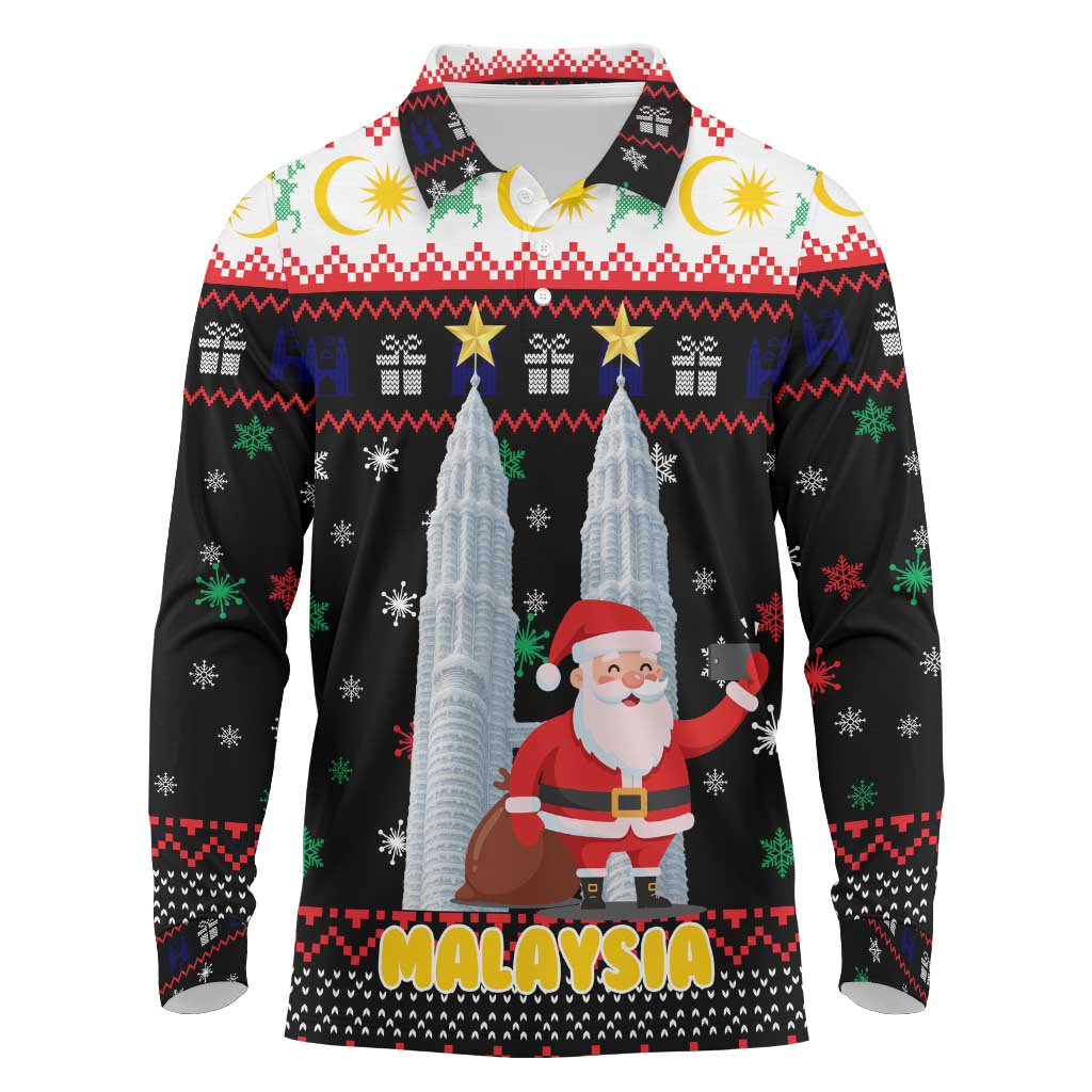 Malaysia Christmas Long Sleeve Polo Shirt with Santa Claus Petronas Towers Snowflakes and Festive Icons - Wonder Print Shop