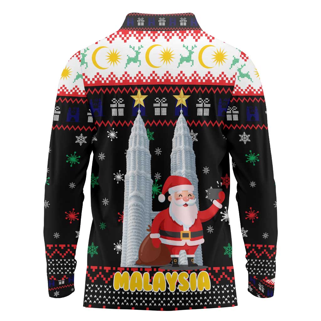 Malaysia Christmas Long Sleeve Polo Shirt with Santa Claus Petronas Towers Snowflakes and Festive Icons - Wonder Print Shop