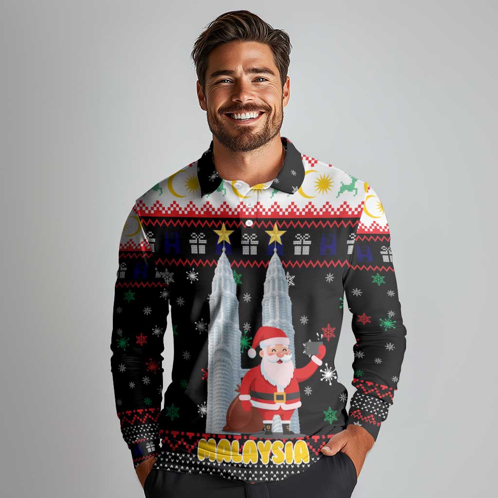 Malaysia Christmas Long Sleeve Polo Shirt with Santa Claus Petronas Towers Snowflakes and Festive Icons - Wonder Print Shop