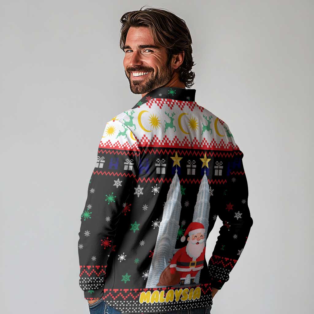 Malaysia Christmas Long Sleeve Polo Shirt with Santa Claus Petronas Towers Snowflakes and Festive Icons - Wonder Print Shop