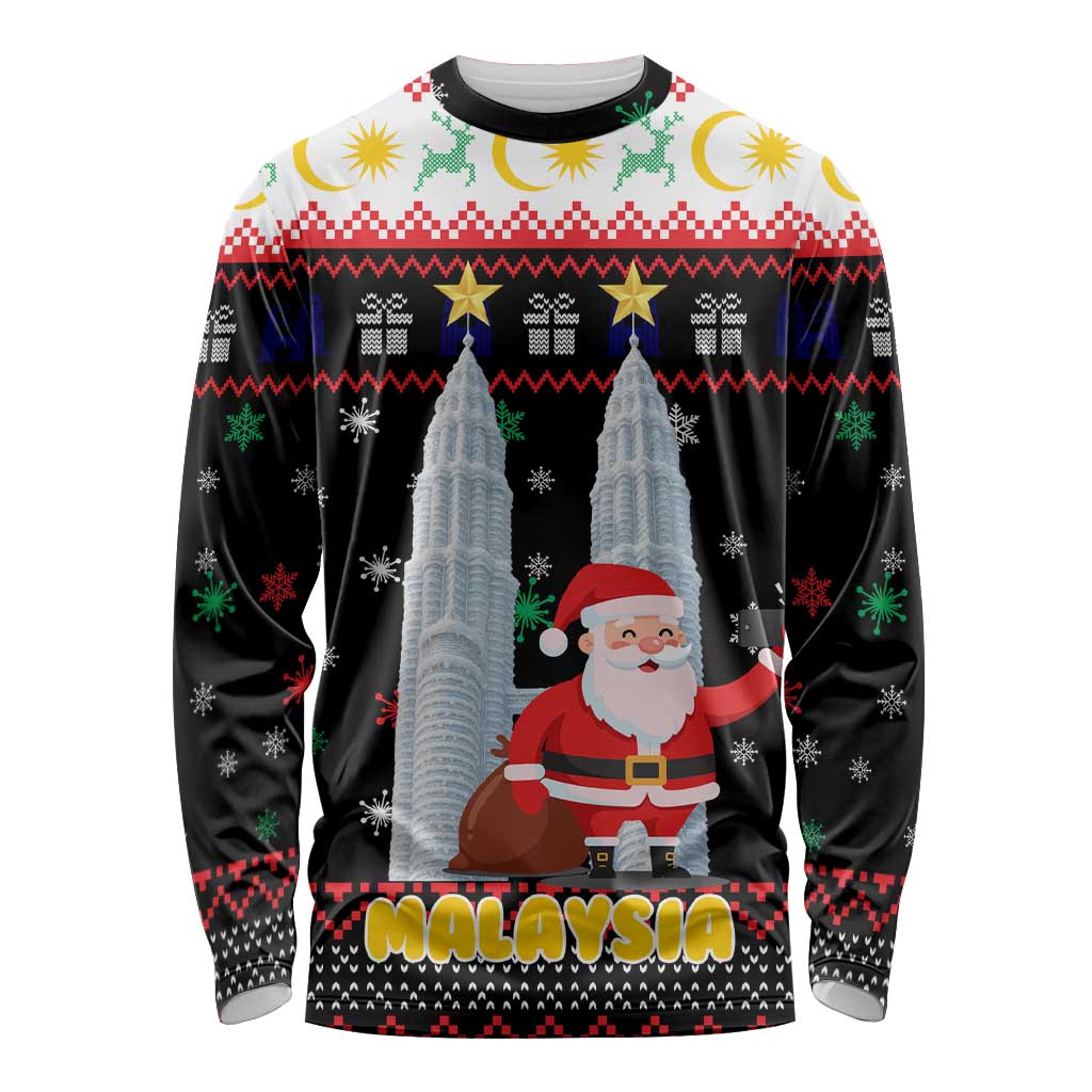 Malaysia Christmas Long Sleeve Shirt with Santa Claus Petronas Towers Snowflakes and Festive Icons - Wonder Print Shop