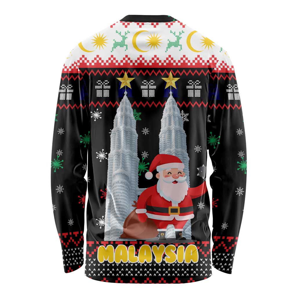 Malaysia Christmas Long Sleeve Shirt with Santa Claus Petronas Towers Snowflakes and Festive Icons - Wonder Print Shop
