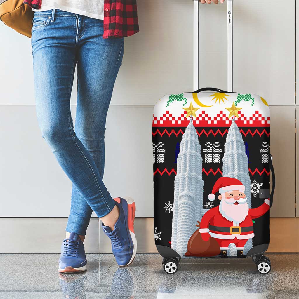 Malaysia Christmas Luggage Cover with Santa Claus Petronas Towers Snowflakes and Festive Icons - Wonder Print Shop