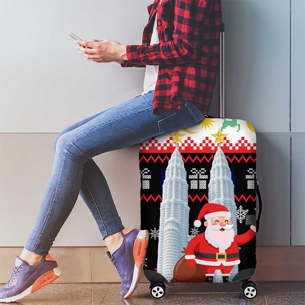 Malaysia Christmas Luggage Cover with Santa Claus Petronas Towers Snowflakes and Festive Icons - Wonder Print Shop