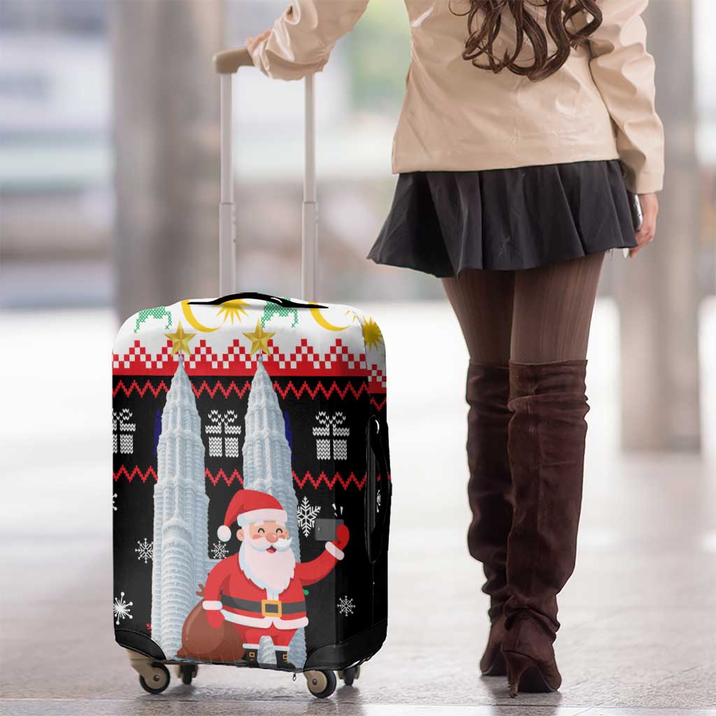Malaysia Christmas Luggage Cover with Santa Claus Petronas Towers Snowflakes and Festive Icons - Wonder Print Shop