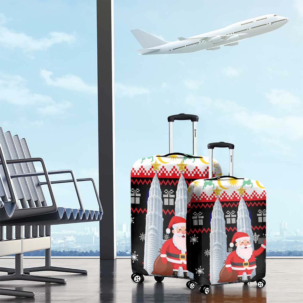 Malaysia Christmas Luggage Cover with Santa Claus Petronas Towers Snowflakes and Festive Icons - Wonder Print Shop