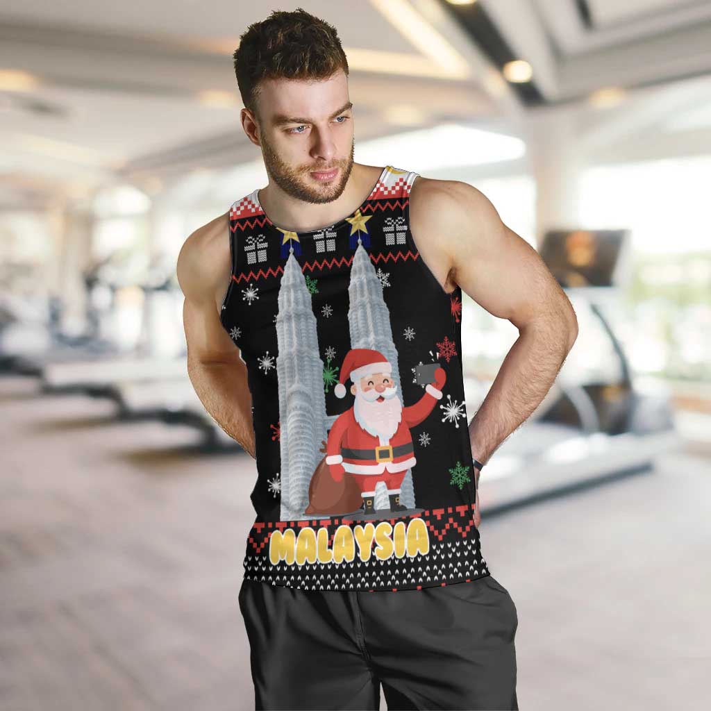 Malaysia Christmas Men Tank Top with Santa Claus Petronas Towers Snowflakes and Festive Icons - Wonder Print Shop