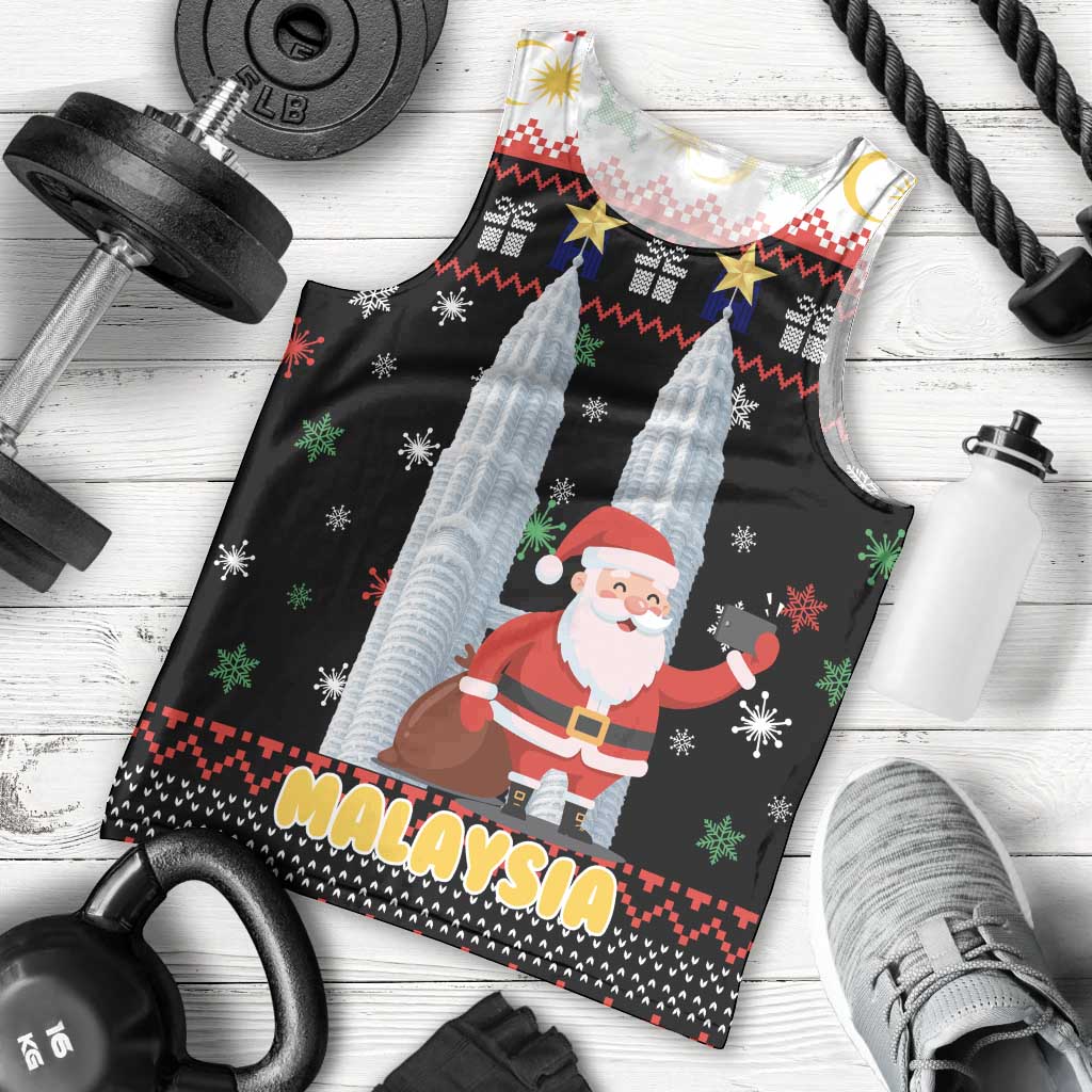 Malaysia Christmas Men Tank Top with Santa Claus Petronas Towers Snowflakes and Festive Icons - Wonder Print Shop