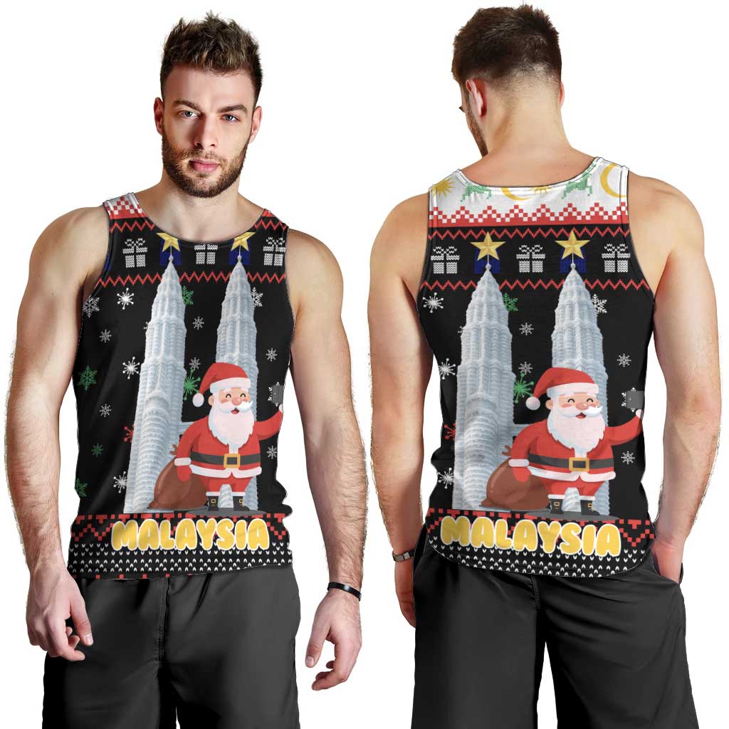 Malaysia Christmas Men Tank Top with Santa Claus Petronas Towers Snowflakes and Festive Icons - Wonder Print Shop