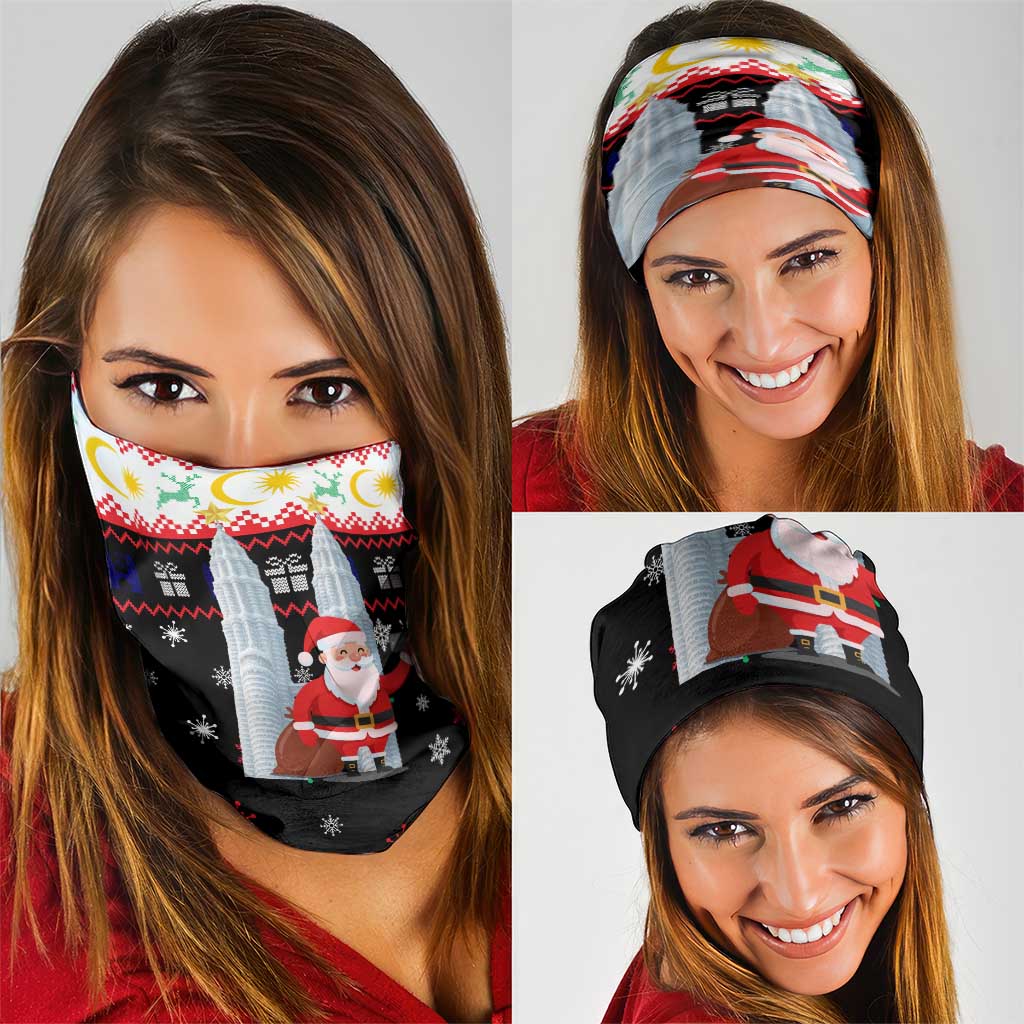 Malaysia Christmas Neck Gaiter with Santa Claus Petronas Towers Snowflakes and Festive Icons - Wonder Print Shop