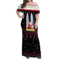 Malaysia Christmas Off Shoulder Maxi Dress with Santa Claus Petronas Towers Snowflakes and Festive Icons - Wonder Print Shop