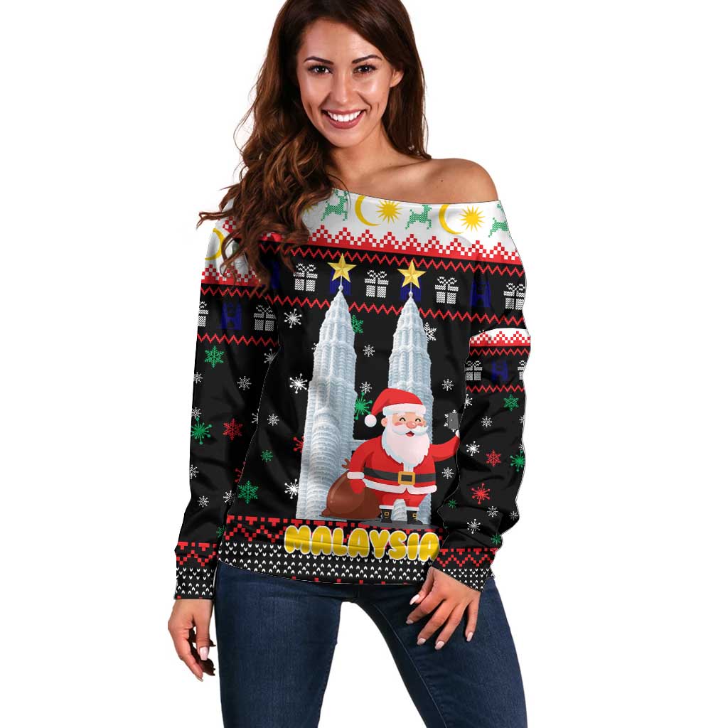 Malaysia Christmas Off Shoulder Sweater with Santa Claus Petronas Towers Snowflakes and Festive Icons - Wonder Print Shop