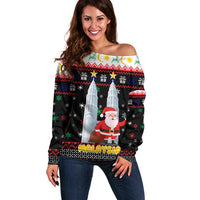 Malaysia Christmas Off Shoulder Sweater with Santa Claus Petronas Towers Snowflakes and Festive Icons - Wonder Print Shop