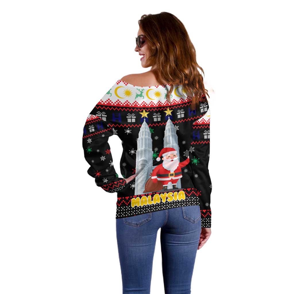 Malaysia Christmas Off Shoulder Sweater with Santa Claus Petronas Towers Snowflakes and Festive Icons - Wonder Print Shop