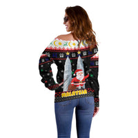 Malaysia Christmas Off Shoulder Sweater with Santa Claus Petronas Towers Snowflakes and Festive Icons - Wonder Print Shop