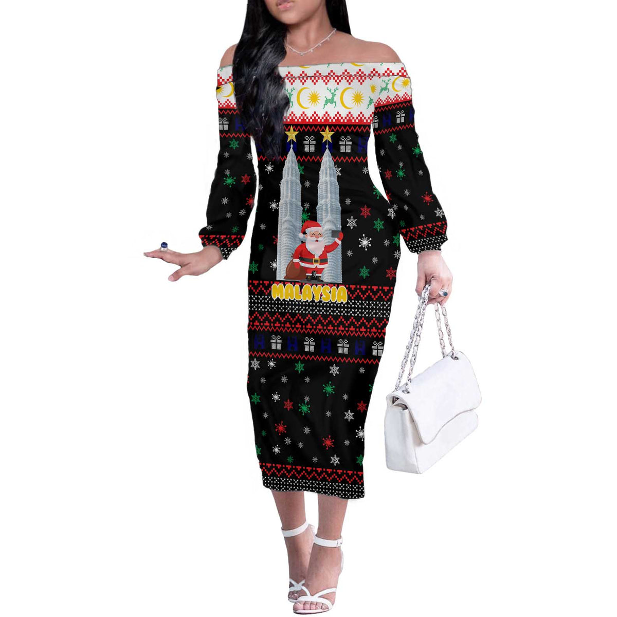 Malaysia Christmas Off The Shoulder Long Sleeve Dress with Santa Claus Petronas Towers Snowflakes and Festive Icons - Wonder Print Shop