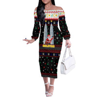 Malaysia Christmas Off The Shoulder Long Sleeve Dress with Santa Claus Petronas Towers Snowflakes and Festive Icons - Wonder Print Shop