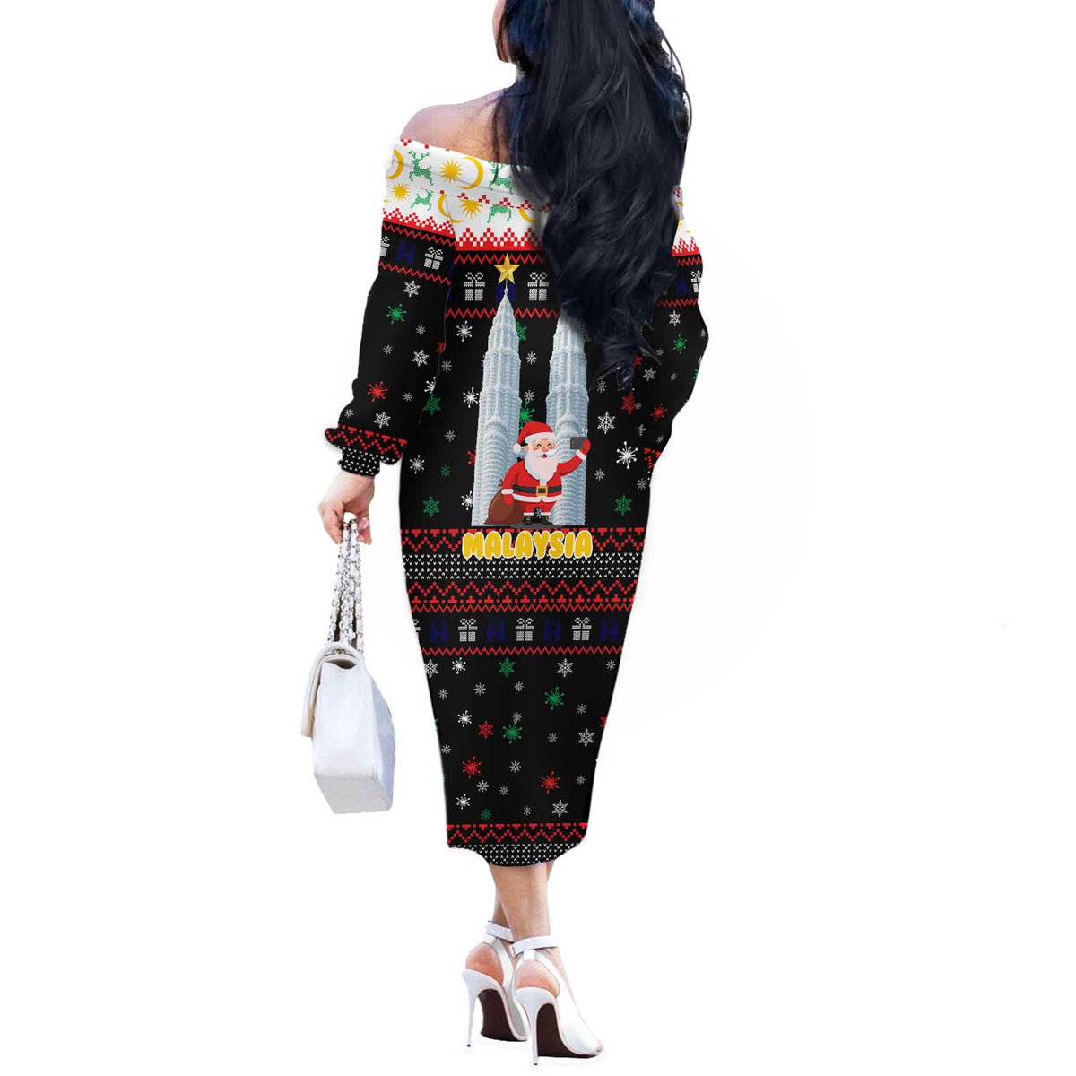 Malaysia Christmas Off The Shoulder Long Sleeve Dress with Santa Claus Petronas Towers Snowflakes and Festive Icons - Wonder Print Shop