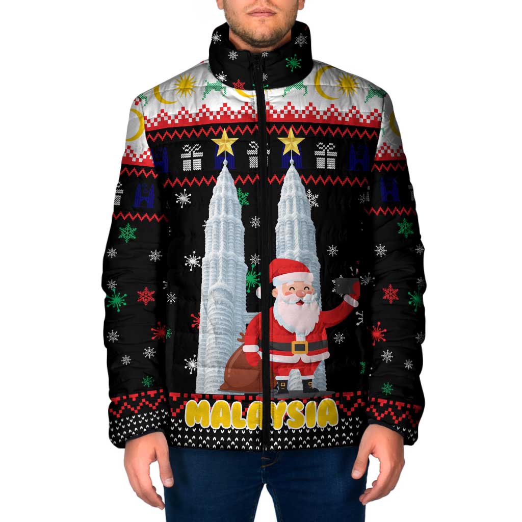 Malaysia Christmas Padded Jacket with Santa Claus Petronas Towers Snowflakes and Festive Icons - Wonder Print Shop