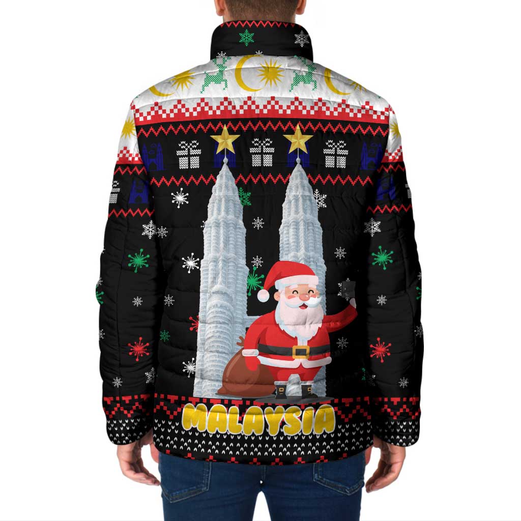 Malaysia Christmas Padded Jacket with Santa Claus Petronas Towers Snowflakes and Festive Icons - Wonder Print Shop