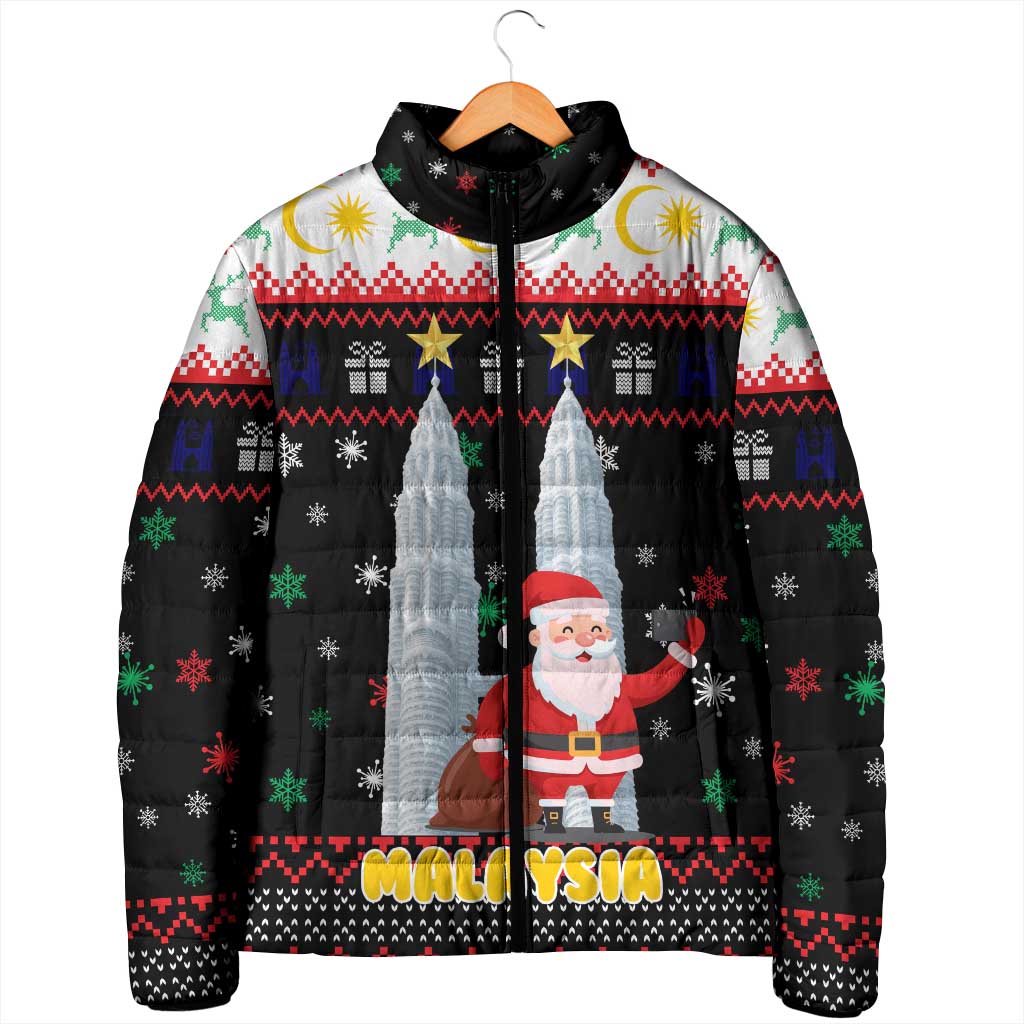 Malaysia Christmas Padded Jacket with Santa Claus Petronas Towers Snowflakes and Festive Icons - Wonder Print Shop